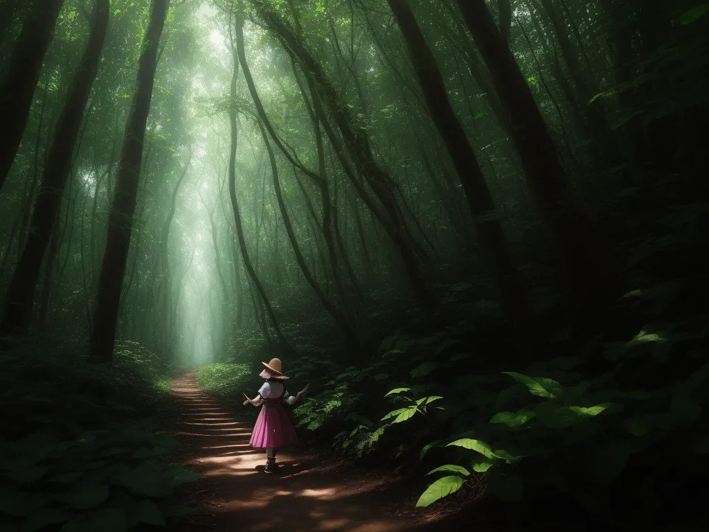 a woman in a pink dress and hat walking down a path in a forest with green leaves on the ground, by Yoshiyuki Tomino