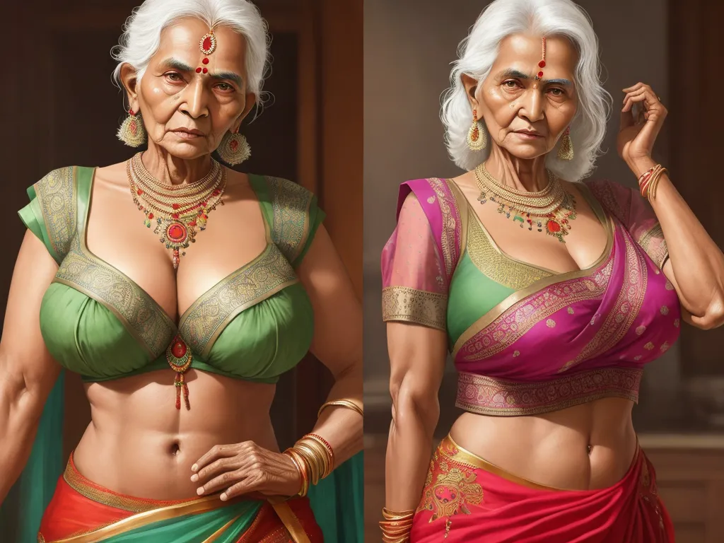 increase resolution of photo - two pictures of a woman in a sari and a woman in a sari with a bra on, by Hendrick Goudt