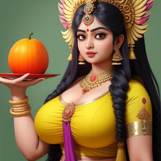 image to pixel converter - a woman in a yellow dress holding a plate with a pumpkin on it and a golden headpiece on her head, by Raja Ravi Varma