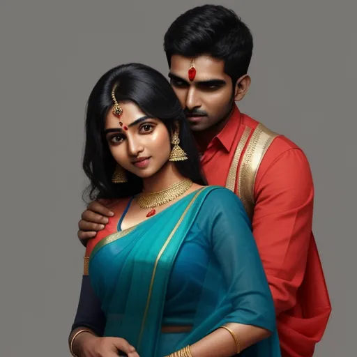 best free text to image ai - a man and woman in traditional indian clothing posing for a picture together, with a gray background and a red shirt, by Raja Ravi Varma