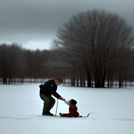 a man helping a child to ski in the snow with a stick and a backpack on his back,, by Gregory Crewdson