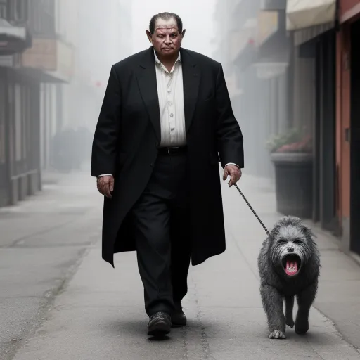 a man walking a dog down a street in a suit and tie with a long coat on it's back, by Billie Waters