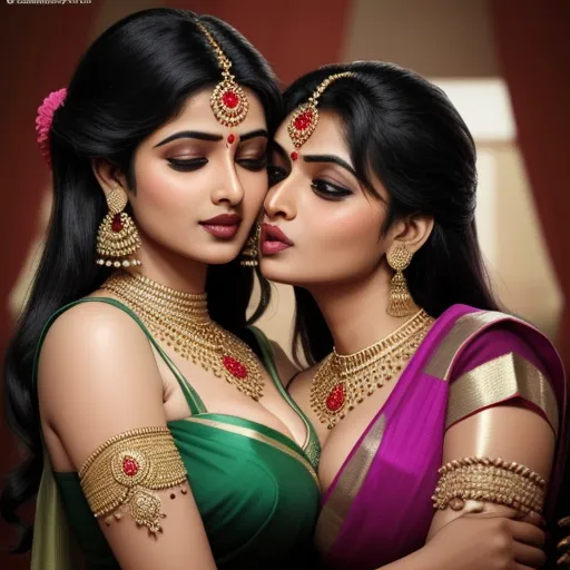 make yourself a priority wallpaper - two women in indian clothing hugging each other with their hands on their chests and their faces touching each other, by Raja Ravi Varma