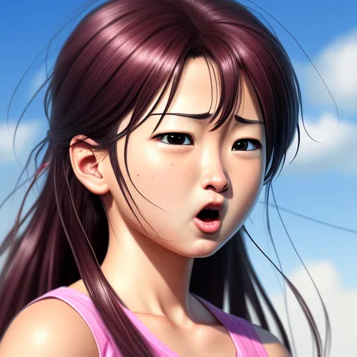 a digital painting of a young asian girl with long hair and a surprised look on her face, with a blue sky in the background, by Toei Animations