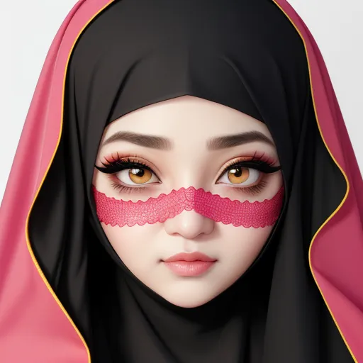 upscale images - a woman with a pink mask on her face and a pink veil on her head, with a pink lace around her eyes, by Daniela Uhlig