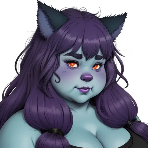 a cartoon character with purple hair and a cat's head on her chest and chest, with orange eyes, by Lois van Baarle