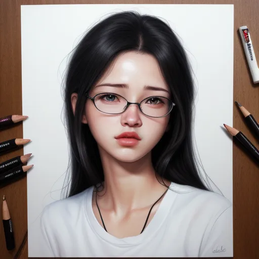 a drawing of a woman with glasses and a pencil on a table with other pencils and a drawing of a woman with glasses, by Daniela Uhlig