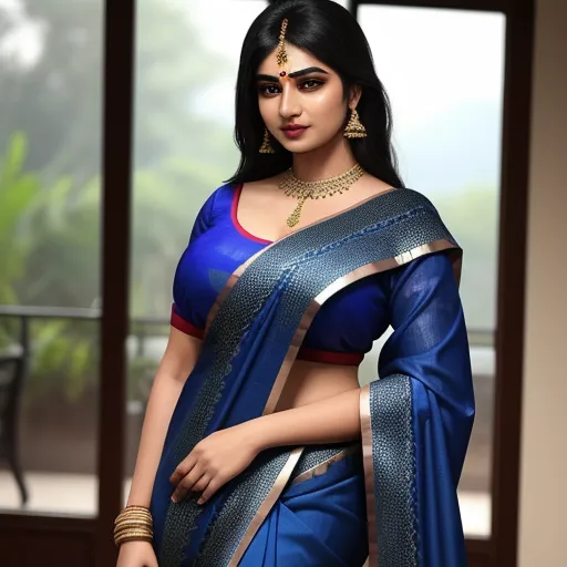 text to image ai generator - a woman in a blue and red sari with a gold necklace on her neck and a gold necklace on her neck, by Raja Ravi Varma