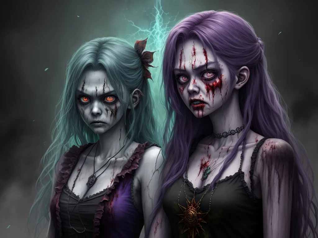 turn a picture into high resolution - two women with makeup and blood on their faces and hair, one with a spider on her head and the other with a spider on her head, by George Manson
