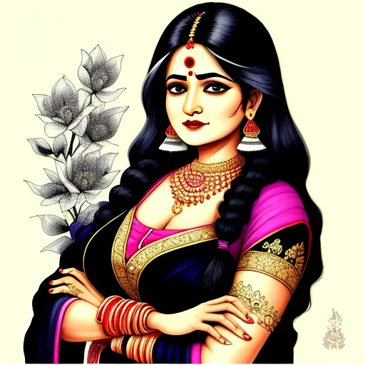 ai text to image generator - a painting of a woman with a flower in her hand and a necklace on her neck and a flower in her hand, by Raja Ravi Varma