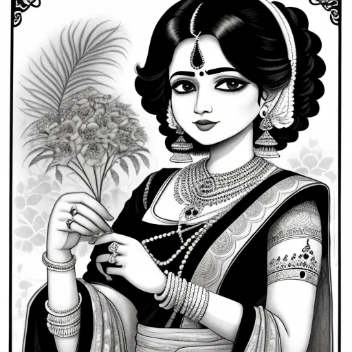 ai text to picture - a woman in a black and white dress holding a flower in her hand and a flower in her hand, by Raja Ravi Varma