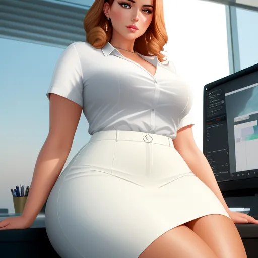 a woman in a white dress sitting in front of a computer monitor and a desk with a pen and pencil, by Hanna-Barbera