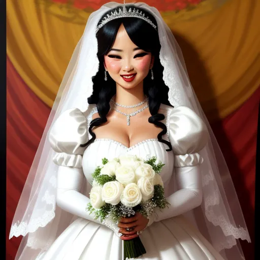 ai image app - a bride with a bouquet of flowers in her hand and a red background behind her is a portrait of a woman in a white wedding dress, by Pixar Concept Artists