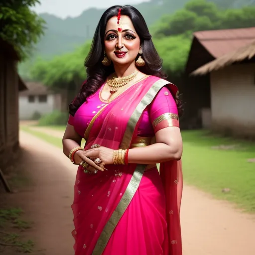 hdphoto - a woman in a pink sari standing on a dirt road with a village in the background and a house in the background, by Raja Ravi Varma