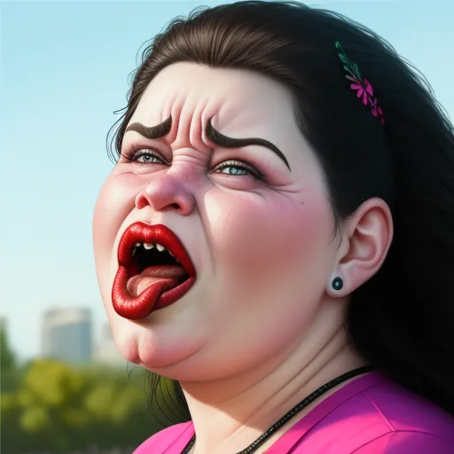 pixel to inches conversion - a woman with her mouth open and a weird look on her face and nose, with a city in the background, by Daniela Uhlig