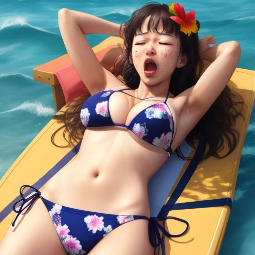 ai text to image generator - a woman in a bikini laying on a raft in the water with her eyes closed and tongue out,, by Terada Katsuya