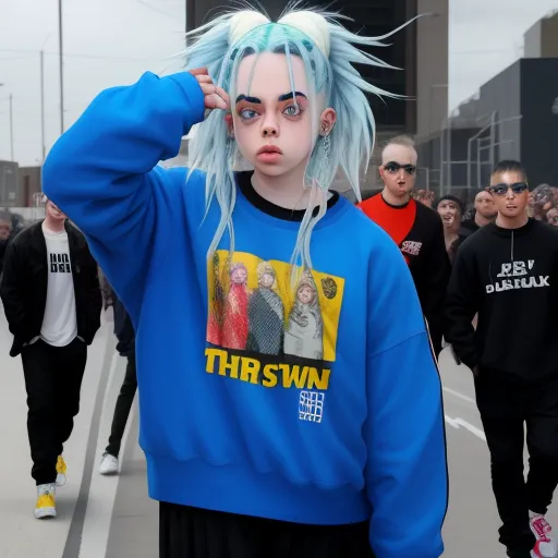 how to change image resolution - a person with blue hair and a blue sweatshirt with a picture of a woman on it and other people walking in the background, by Hendrik van Steenwijk I