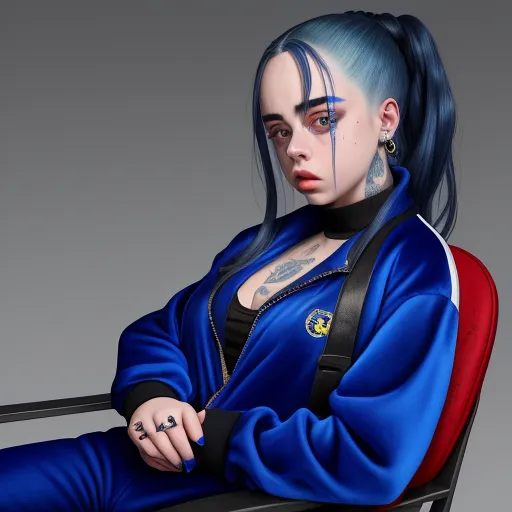 free high resolution images - a woman with blue hair and piercings sitting in a chair with her arms crossed and her eyes closed, by Akira Toriyama