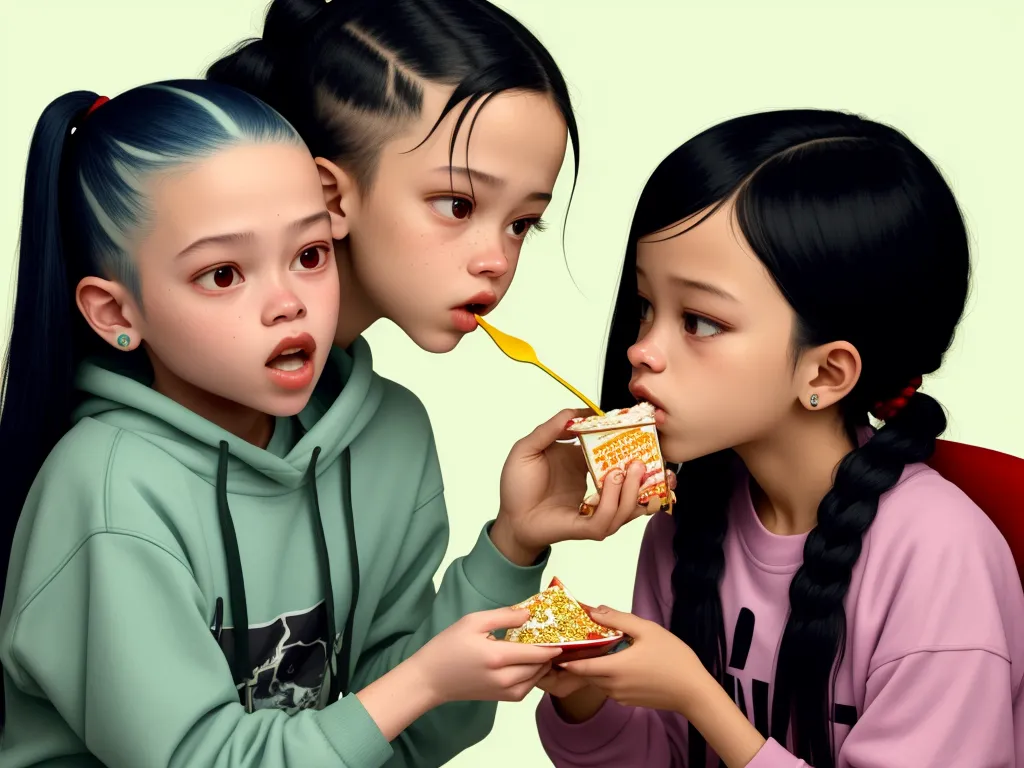 generate picture from text - two girls eating a piece of pizza together with a fork in their mouth and another girl looking on with a spoon in her mouth, by Hsiao-Ron Cheng