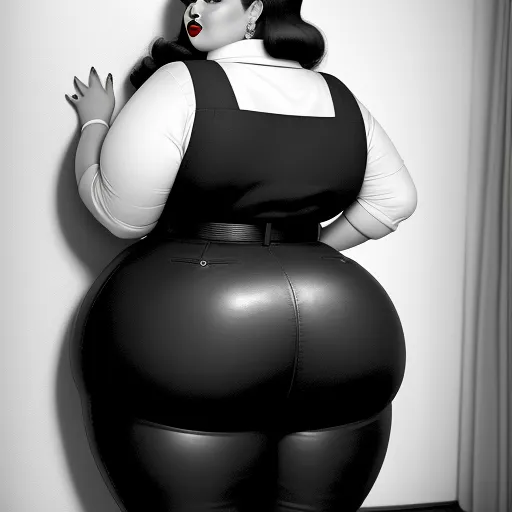ai text image - a woman in a black and white outfit is leaning against a wall and posing for a picture with her hands on her hips, by Botero