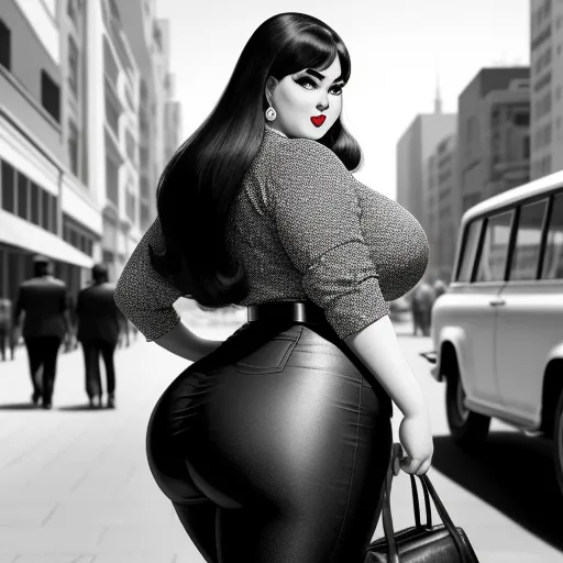 translate image online - a woman in a black and white photo with a red lip and a purse on a city street with a car, by Botero