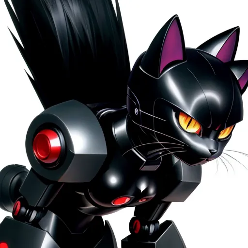 ai generator image - a black cat with red eyes and a black tail is standing on a robot like object with its paws on its back, by Leiji Matsumoto