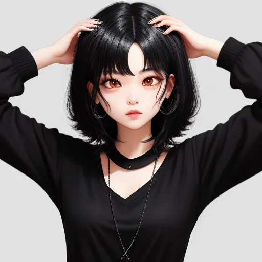 ai picture generator from text - a woman with black hair and a black shirt is holding her head with her hands and is wearing a necklace, by Taiyō Matsumoto