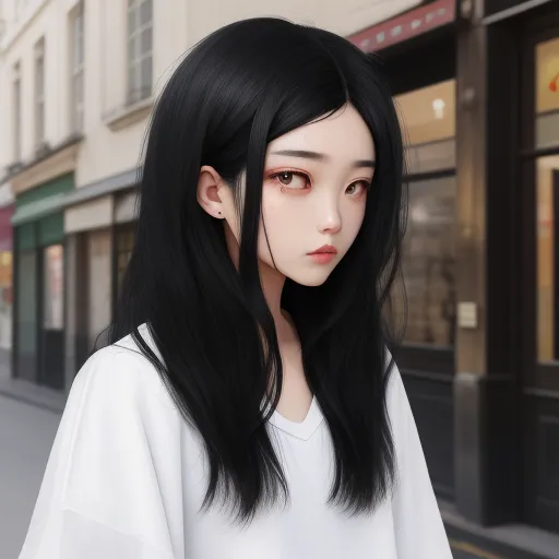 how to make photos high resolution - a woman with long black hair standing on a street corner with a building in the background and a storefront, by Taiyō Matsumoto