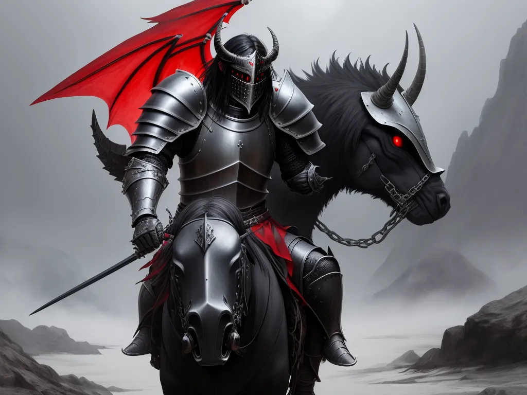 generate ai images from text - a knight on a horse with a dragon on its back and a sword in his hand, with a red eye, by Heinrich Danioth