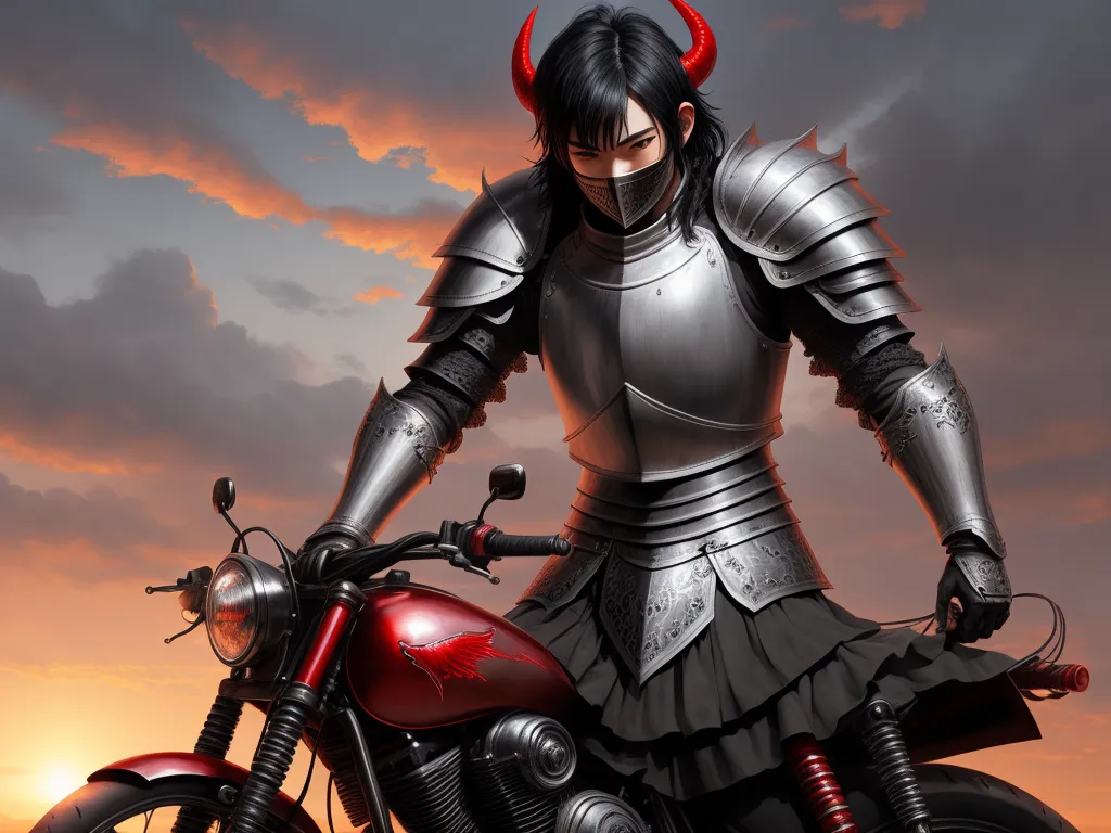 best photo ai software - a woman in a costume on a motorcycle with horns on her head and a helmet on her head, standing in front of a sunset, by Daniela Uhlig