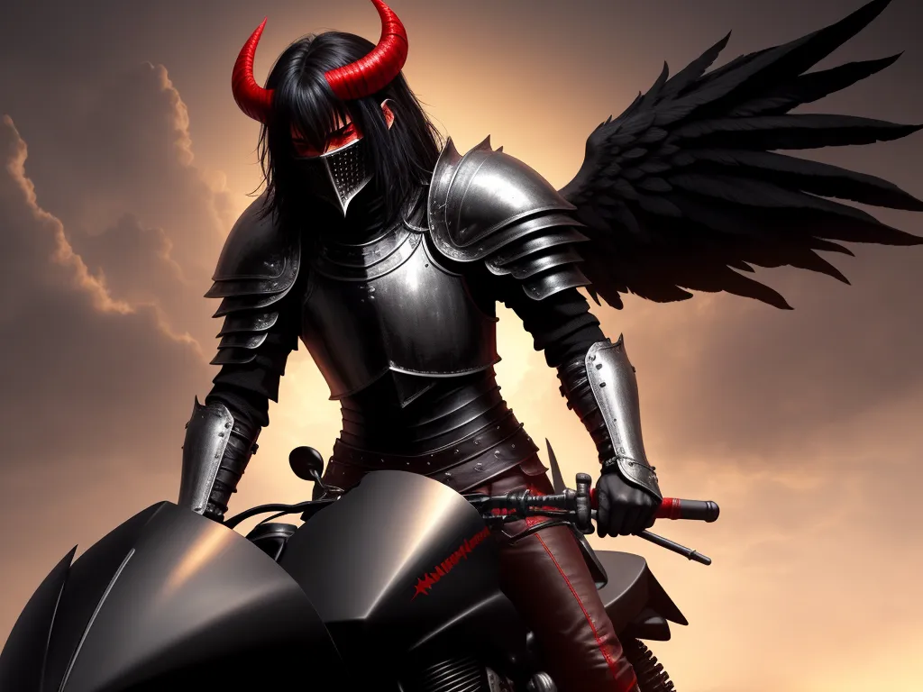 ultra hd print - a woman in a black leather outfit on a motorcycle with wings on her head and a helmet on her head, by Hendrik van Steenwijk I