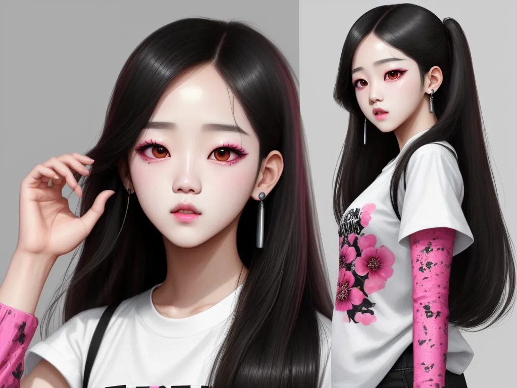 free high resolution images - a girl with long black hair and pink flowers on her arm and arm sleeves, wearing a white shirt and pink flowered arm sleeves, by Lois van Baarle