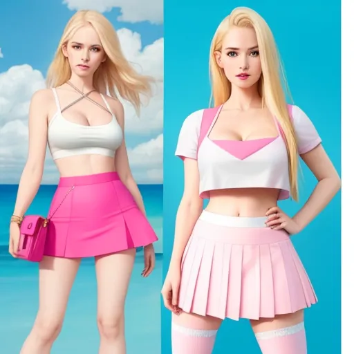 two women in short skirts and a crop top with a pink purse on the beach, both wearing short skirts, by Sailor Moon