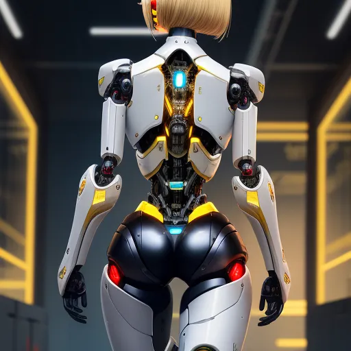 how to change resolution of image - a robot woman with a blonde hair and a futuristic suit is standing in a hallway with a yellow light, by François Quesnel