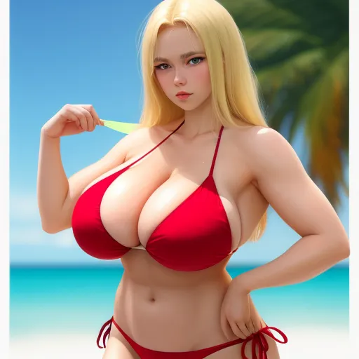 convert image to text ai - a woman in a bikini holding a green object in her hand and posing for a picture on the beach, by Hirohiko Araki