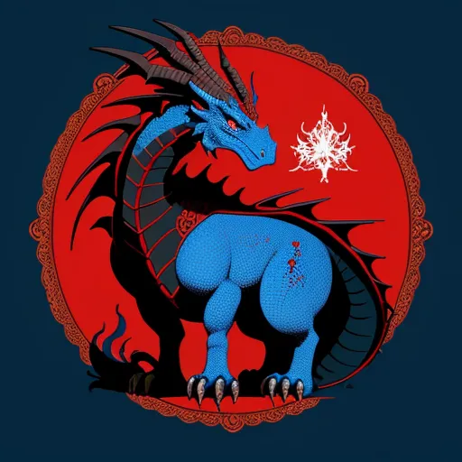a blue dragon with a red background and a spider web on it's back end is shown in the center of the image, by Kilian Eng