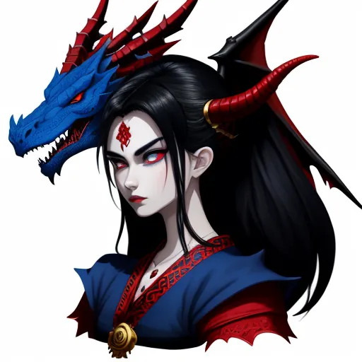 turn photo to hd - a woman with a dragon head and a dragon's head on her head, with red eyes and black hair, by Bakemono Zukushi