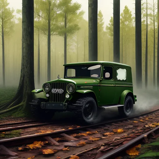 a green truck driving down a train track in the woods with trees in the background and fog in the air, by Hanna-Barbera