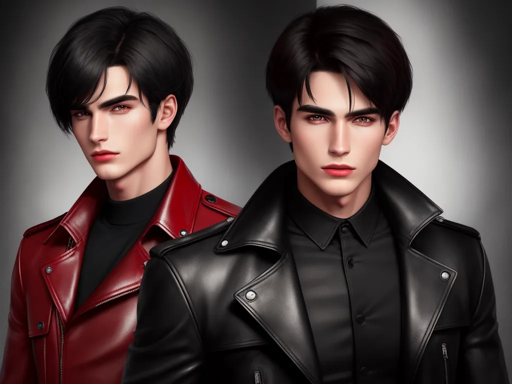imagesize converter - two male models in black and red leather jackets, one wearing a black shirt and the other a red leather jacket, by Lois van Baarle