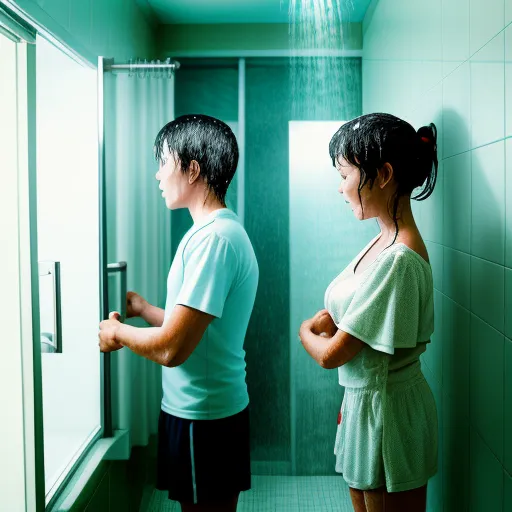 4k photo resolution converter - a man and a woman standing in a bathroom looking at each other in the mirror and the man is holding a shower head, by Alec Soth