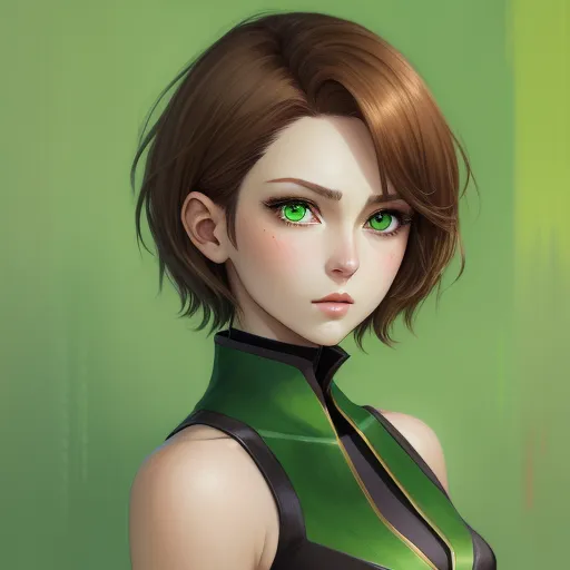 4k quality converter photo - a woman with green eyes and a green dress on her body is looking at the camera with a serious look on her face, by Lois van Baarle