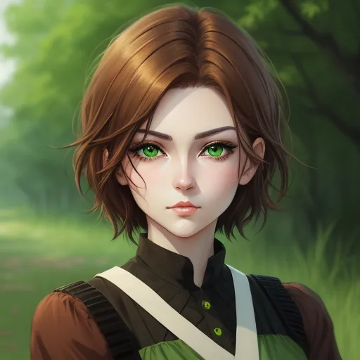 ai enhance image - a woman with green eyes and a green shirt on a path in a forest with trees and grass behind her, by Lois van Baarle
