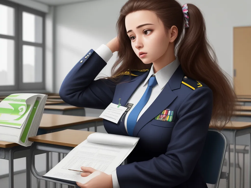 best free text to image ai - a woman in a uniform is holding a folder and looking at a book in a classroom with desks, by Hiromu Arakawa