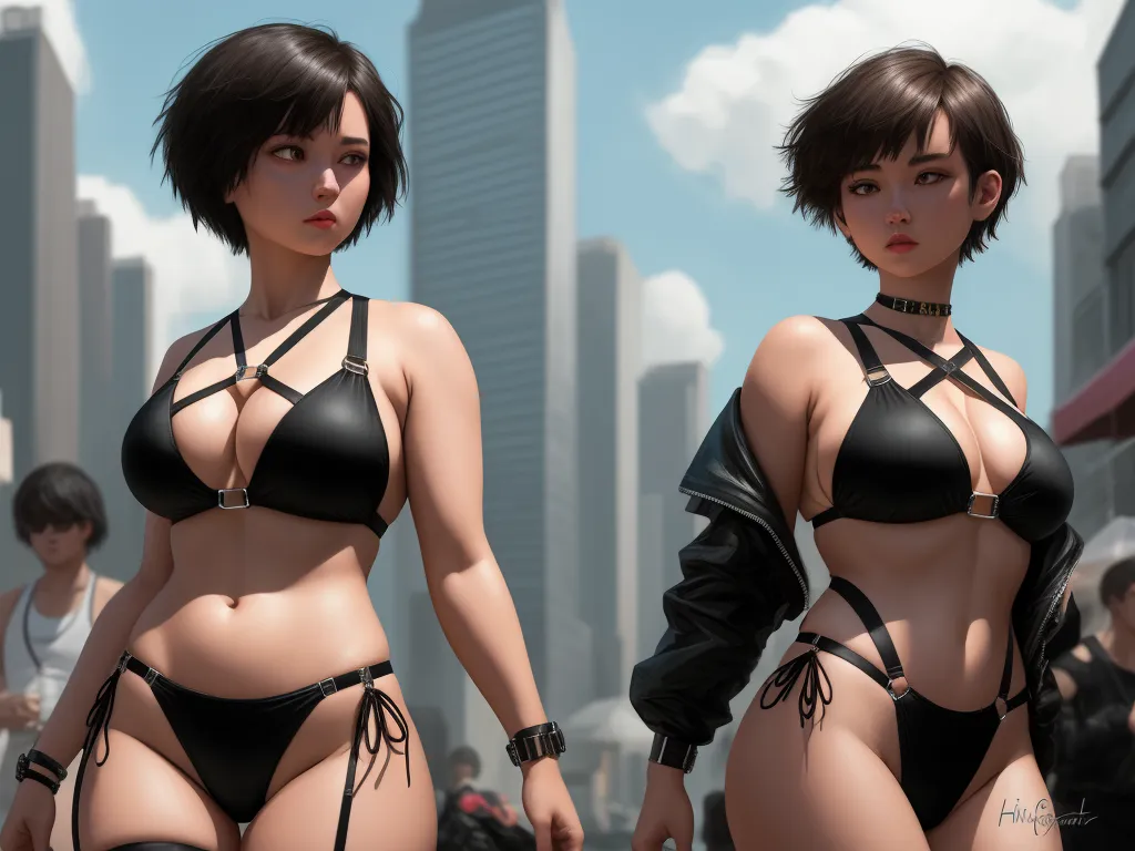 advanced ai image generator - two women in bikinis are walking in a city street with a man in the background and a woman in a leather jacket, by Terada Katsuya