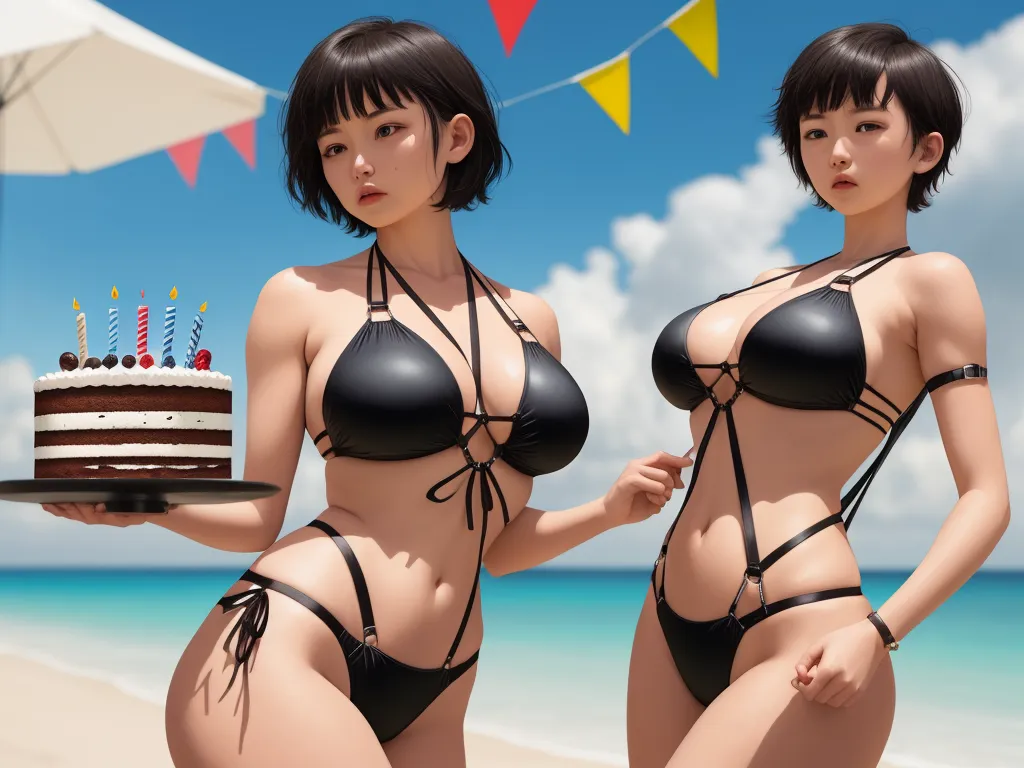 1080p to 4k converter picture - two women in bikinis holding a cake on a beach with flags in the background and a cake on a plate, by Terada Katsuya