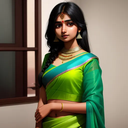 a woman in a green sari with a gold necklace and earrings on her neck and shoulder, standing in front of a window, by Pixar Concept Artists