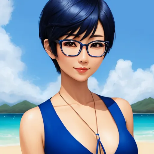 a woman with glasses on a beach near the ocean and mountains in the background, with a blue bikini top, by Chen Daofu