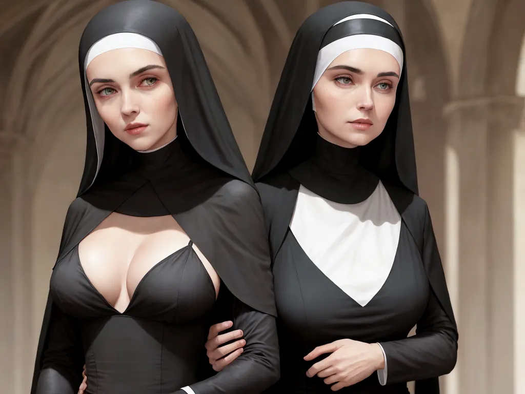 free ai photo - two women in nun costumes standing next to each other in a cathedral like setting with arches and arches on the ceiling, by Daniela Uhlig