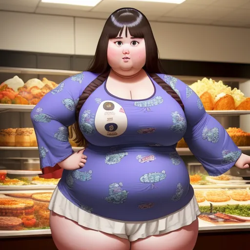 a fat woman standing in front of a display of food in a store with a pool of water in her stomach, by Hayao Miyazaki