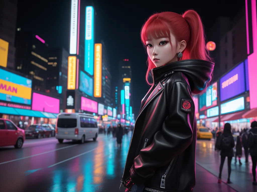 best photo ai enhancer - a woman with red hair standing in the middle of a city street at night with neon lights on buildings, by Terada Katsuya
